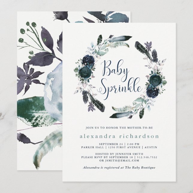 Boho Navy Peony Floral Wreath Baby Sprinkle Invitation (Front/Back)