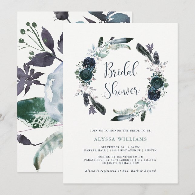 Boho Navy Peony Floral Wreath Bridal Shower Invitation (Front/Back)