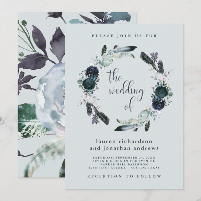 Boho Navy Peony Floral Wreath on Gray | Wedding Invitation (Front/Back)