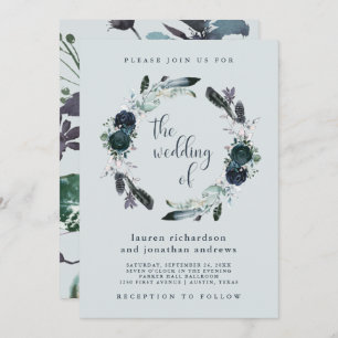 Boho Navy Peony Floral Wreath on Gray   Wedding Invitation