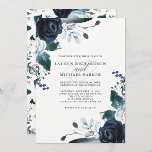 Boho Navy Peony on White   Wedding Invitation