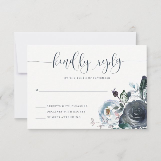 Boho Navy Peony RSVP | Modern Calligraphy (Front)