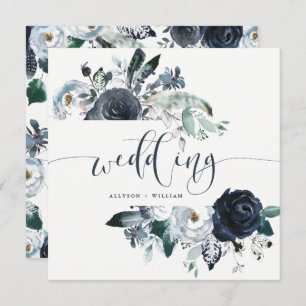 Boho Navy Peony Wedding   Modern Calligraphy Invitation