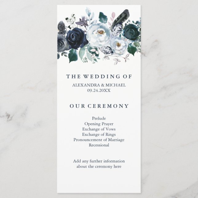 Boho Navy Peony | Wedding Program (Front)