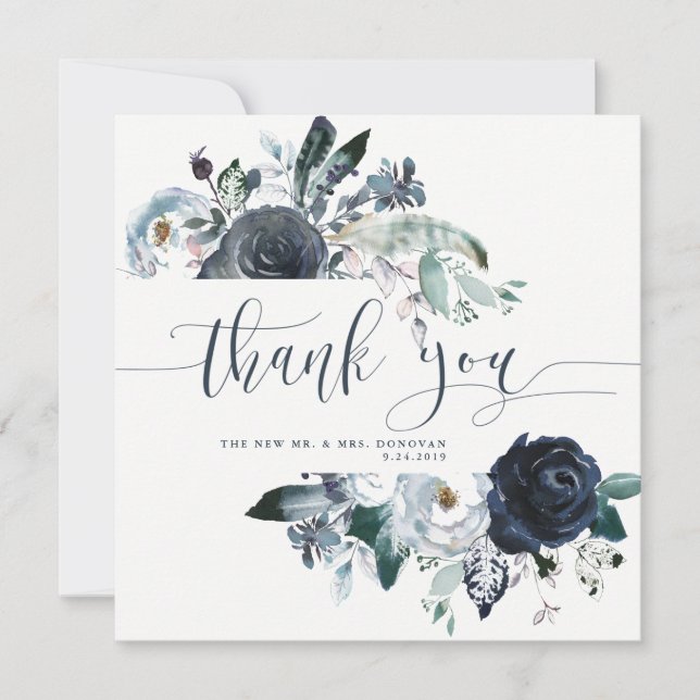 Boho Navy Peony Wedding Thank You | Photo (Front)