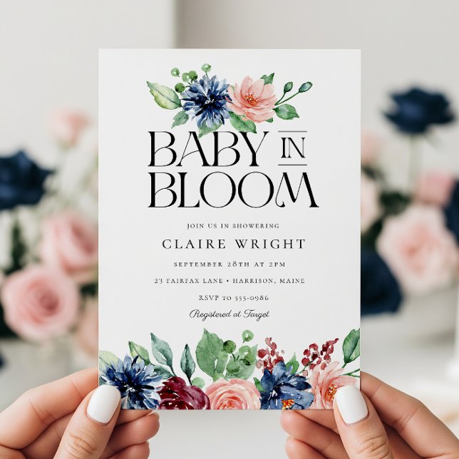 Boho Navy Pink Floral Baby in Bloom Baby Shower Invitation (Creator Uploaded)