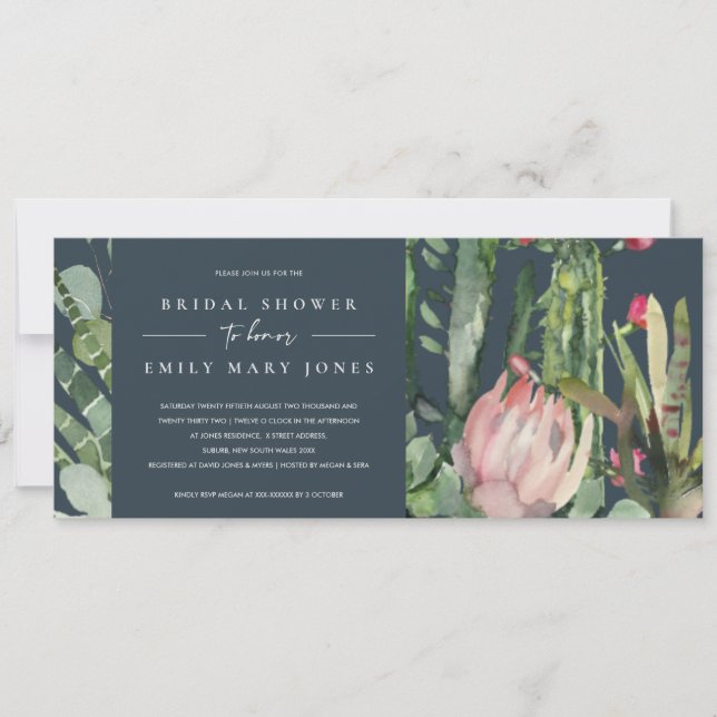 BOHO NAVY PINK FLORAL CACTI FAUNA BRIDAL SHOWER INVITATION (Front)