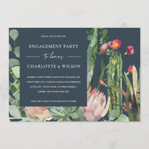 BOHO NAVY PINK FLORAL CACTUS FOLIAGE ENGAGEMENT INVITATION
