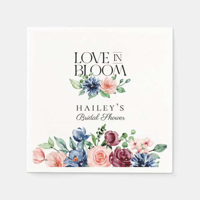 Boho Navy Pink Floral Love in Bloom Bridal Shower Napkins (Front)