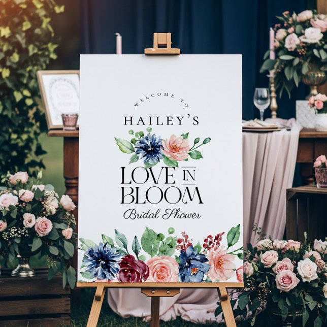 Boho Navy Pink Floral Love in Bloom Bridal Shower Poster (Creator Uploaded)