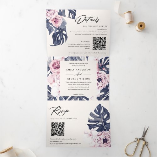 Boho Navy Pink Monstera Floral 2 QR Code Wedding Tri_Fold Invitation