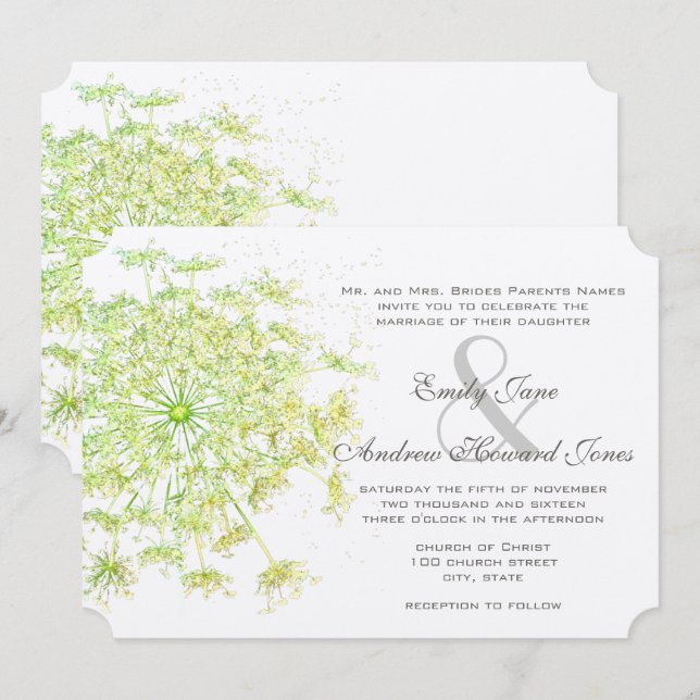 Boho Neo Mint Green Queen Anne's Lace Wedding Invitation (Front/Back)
