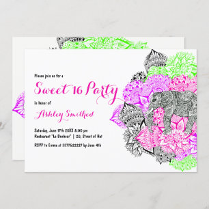 Boho neon pink floral mandala elephant Sweet 16 Invitation