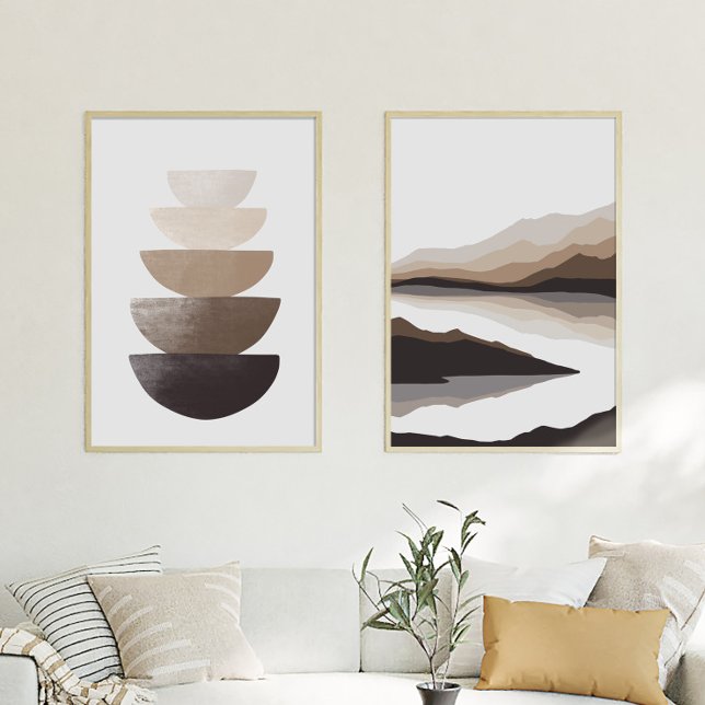 Boho Neutral Abstract Wall Art Set of 2 Prints (Boho Neutral Abstract Wall Art Set of 2 Prints in a neutral boho living room above a white sofa.)