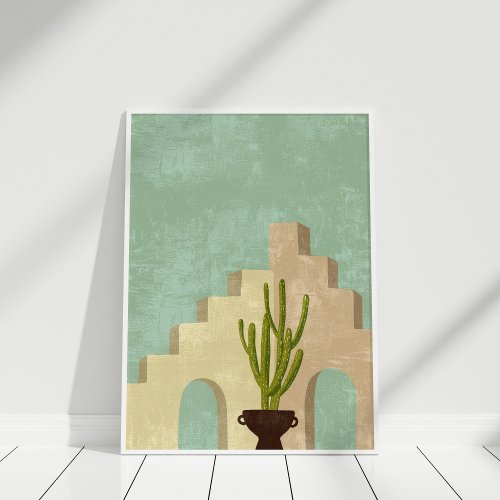 Boho Neutral and Teal Abstract Illustration Art Poster