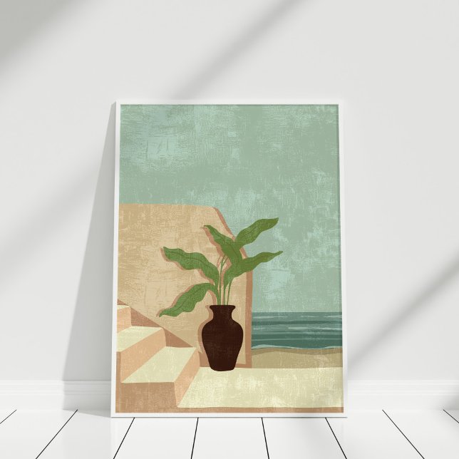 Boho Neutral and Teal Coastal Illustration Art Poster (Boho Neutral and Teal Coastal Illustration Art Poster in a white frame against white wall.)