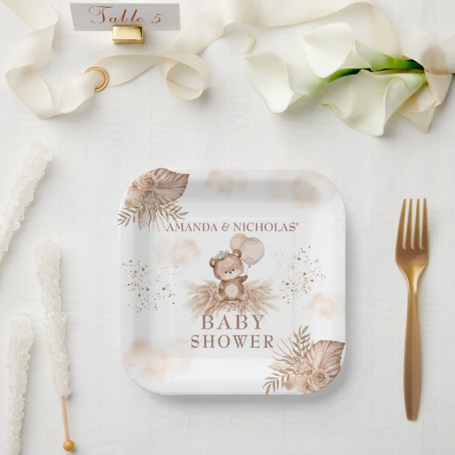 Boho Neutral Baby Shower Teddy bear Paper Plates (Wedding)
