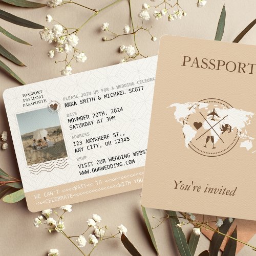 Boho Neutral Beige Passport Destination Wedding Invitation