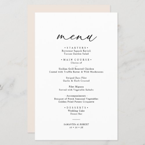 Boho Neutral Blush Elegant Wedding Menu - Designed to coordinate with our Romantic Script wedding collection, this customizable Menu card, features a sweeping script calligraphy text paired with a classy serif font in black with a customizable monogram on the back. Matching items available.