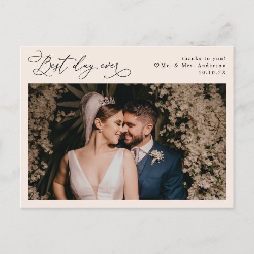 Boho Neutral Blush Simple Wedding Photo Thank You Postcard - Designed to coordinate with our Stylish Script wedding collection, this customizable Flat Photo Thank You postcard features an elegant script with heart thank you text on the front and paired with a classy serif font in black on the back. Matching items available.