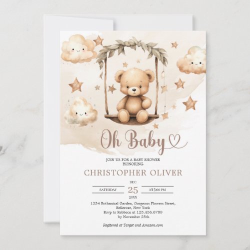 Boho neutral brown teddy bear on eucalyptus swing invitation