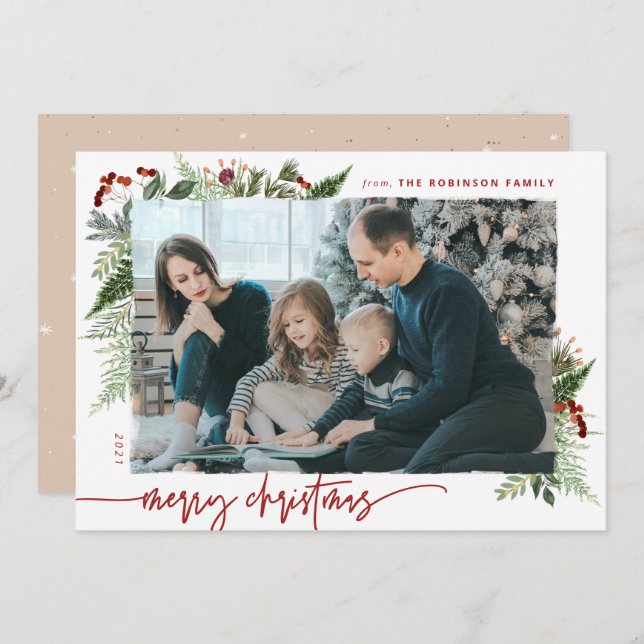 Boho Neutral Burgundy Red Merry Christmas Photo Holiday Card (Front/Back)