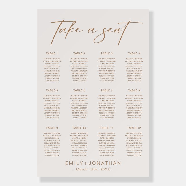 Boho Neutral Champagne Wedding Seating Chart Foam Board (Front)