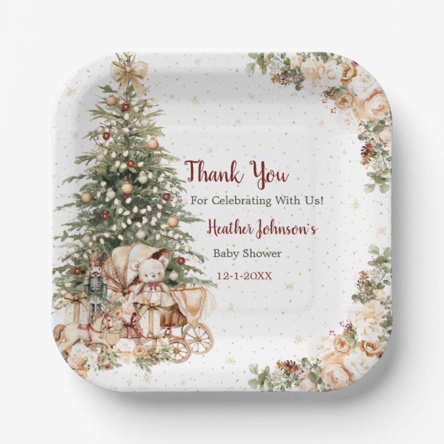 Boho Neutral Christmas Baby Shower Paper Plates (Front)