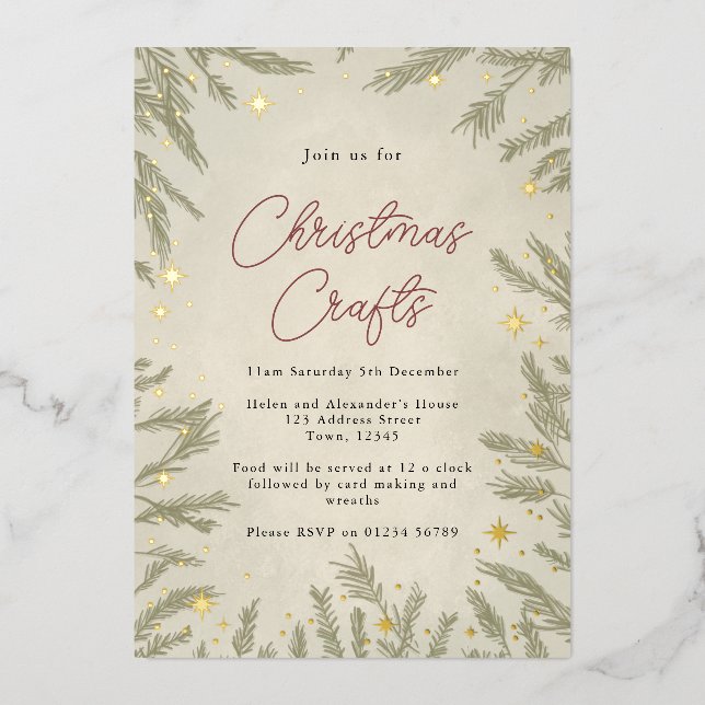 Boho neutral Christmas Crafts Foil Invitation (Front)