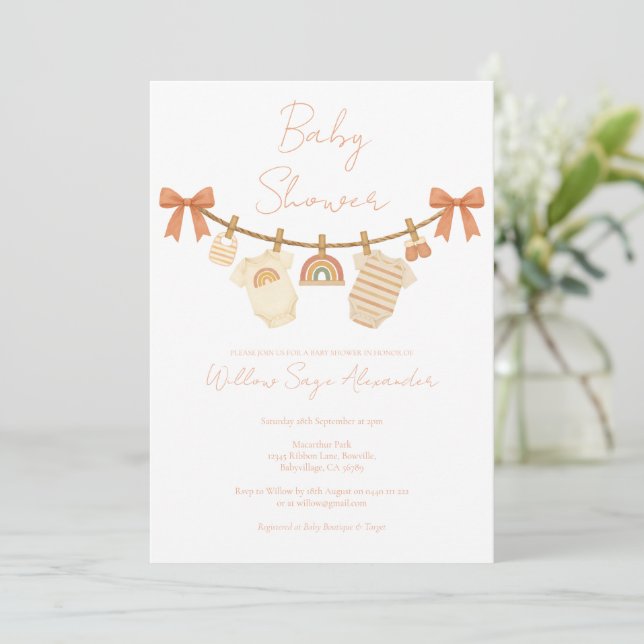 Boho Neutral Clothesline Baby Shower Invitation (Standing Front)