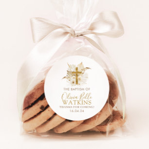 Boho Neutral Dried Palm Floral Baptism Christening Classic Round Sticker