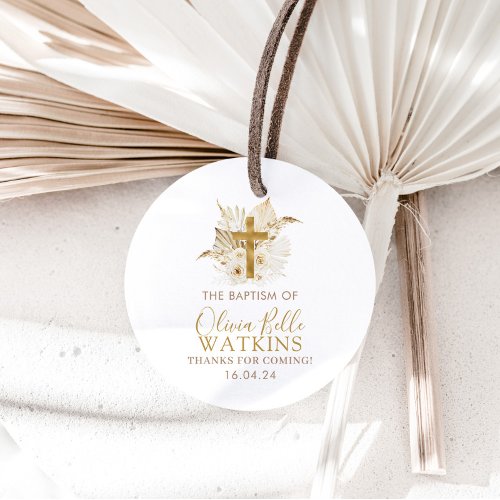 Boho Neutral Dried Palm Floral Baptism Christening Favor Tags