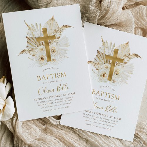 Boho Neutral Dried Palm Floral Baptism Christening Invitation