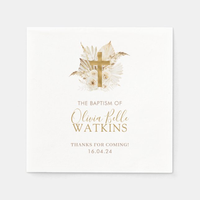 Boho Neutral Dried Palm Floral Baptism Christening Napkins (Front)