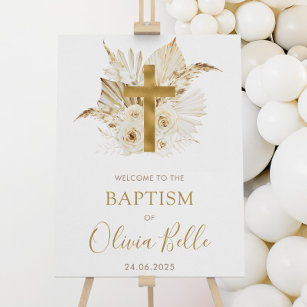 Boho Neutral Dried Palm Floral Baptism Welcome Poster