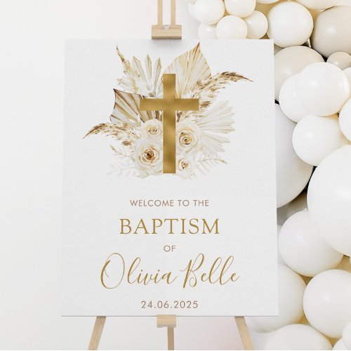 Boho Neutral Dried Palm Floral Baptism Welcome Poster