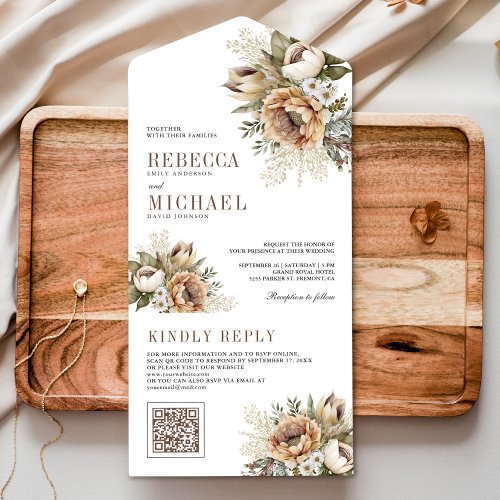 Boho Neutral Earthy Floral Taupe QR Code Wedding All In One Invitation