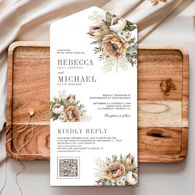 Boho Neutral Earthy Floral Taupe QR Code Wedding All In One Invitation (Creator Uploaded)