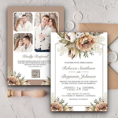 Boho Neutral Earthy Floral Taupe QR Code Wedding Invitation