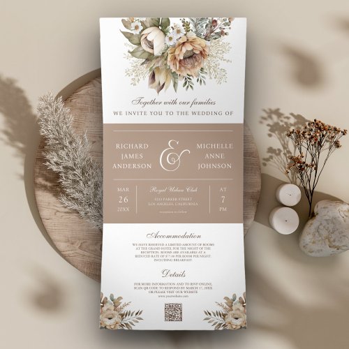 Boho Neutral Earthy Floral Taupe QR Code Wedding Tri_Fold Invitation