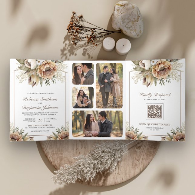 Boho Neutral Earthy Floral Taupe QR Code Wedding Tri-Fold Invitation (Creator Uploaded)