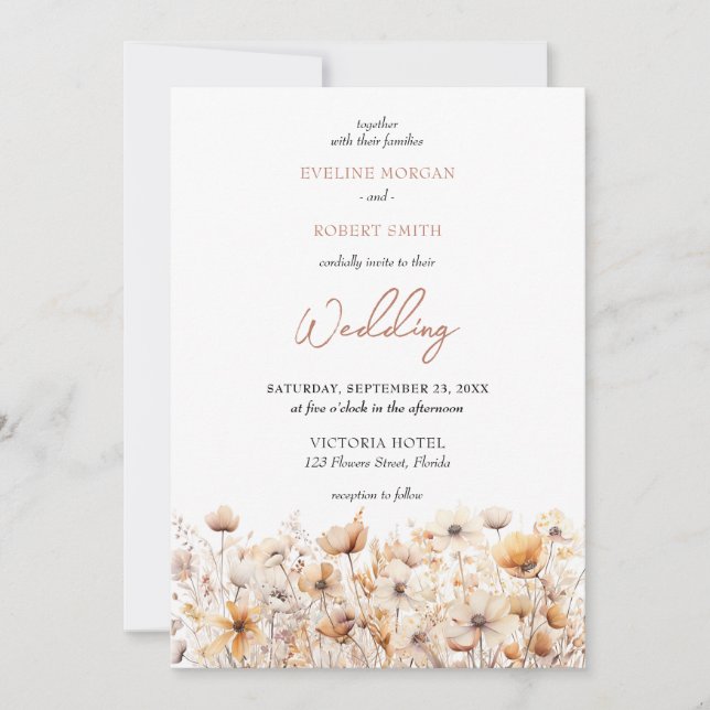 Boho neutral earthy pastel wild flowers meadow invitation (Front)