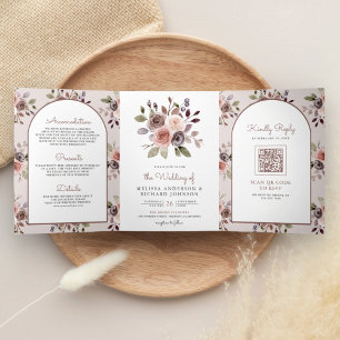 Boho Neutral Earthy Taupe Floral QR Code Wedding Tri-Fold Invitation