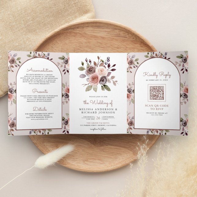 Boho Neutral Earthy Taupe Floral QR Code Wedding Tri-Fold Invitation (Creator Uploaded)