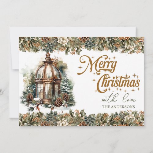 Boho Neutral earthy tones green and gold lantern Holiday Card