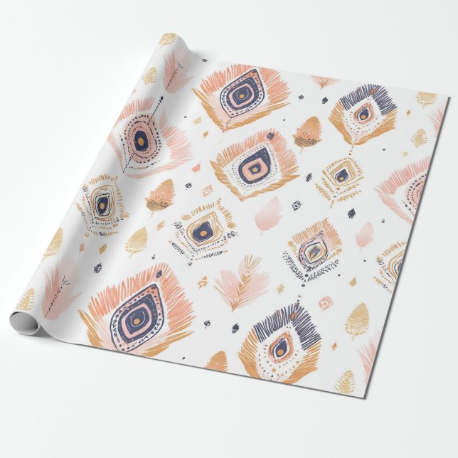 Boho Neutral Feather Wrapping Paper (Unrolled)