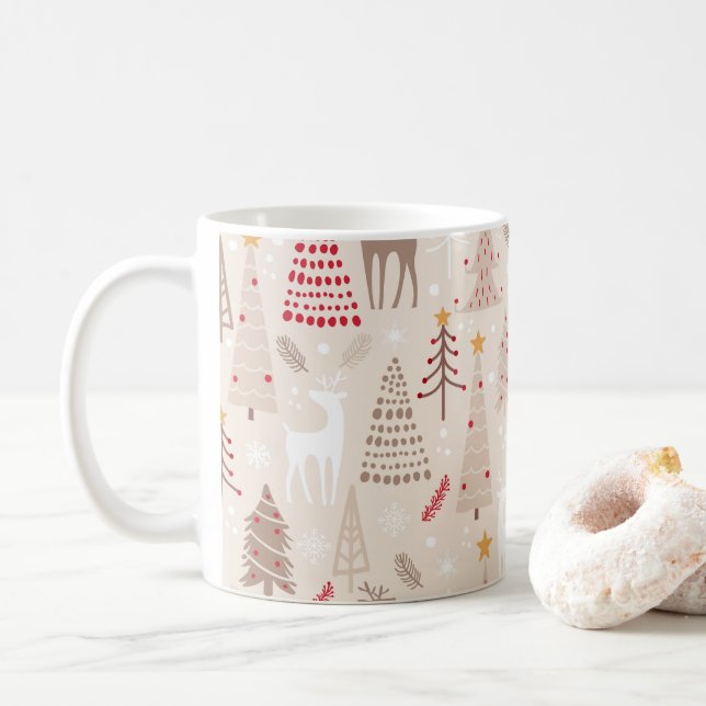 Boho Neutral Flat Christmas Trees Woodland Animals Coffee Mug (With Donut)