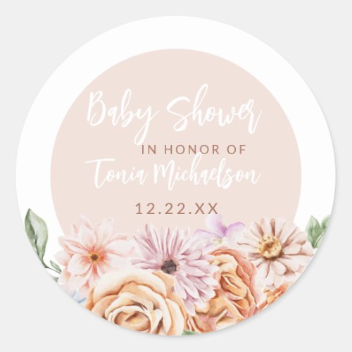 Boho Neutral Floral Baby Shower Classic Round Sticker