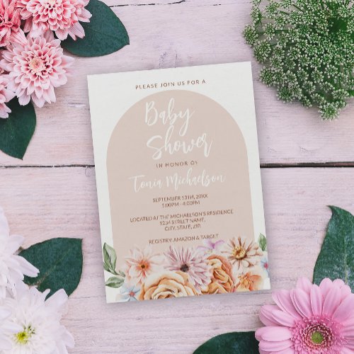 Boho Neutral Floral Baby Shower Invitation