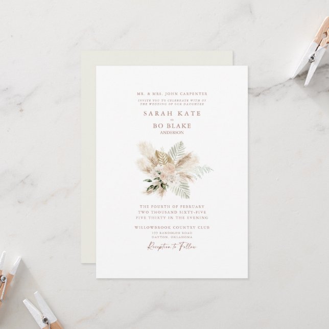 Boho Neutral Floral Elegant Wedding  Invitation (Front/Back In Situ)